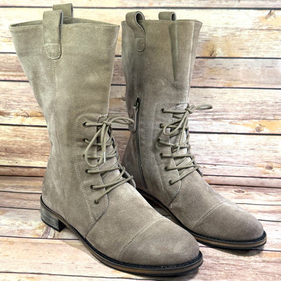 Chocolat Blu Shoes - Chocolat Blu Womens Taupe Suede Leather Mid-Calf Lace-Up Cap Toe Boots 37/7